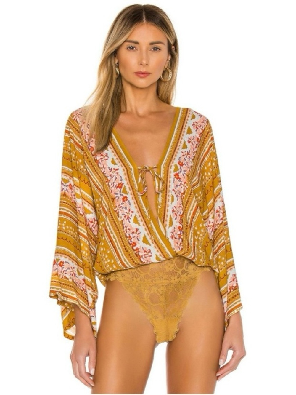 Free People Boho Tie Front Bodysuit, Gold Combo Sz S